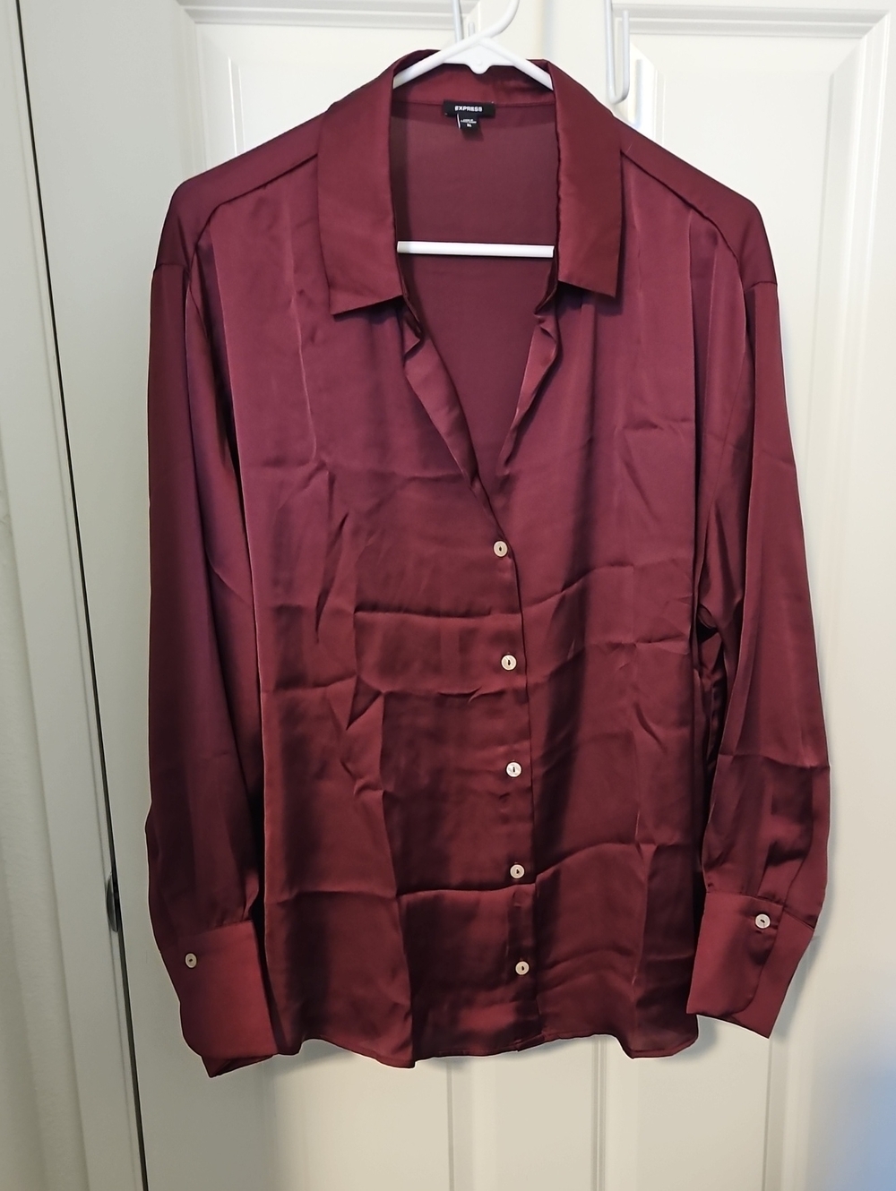 Express Satin Button-Down Shirt in Wine